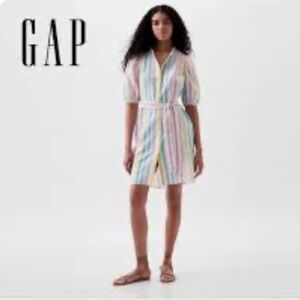 GAP STRIPED LINEN SHIRT DRESS TIE BELT PUFF SLEEVES SIZE LARGE NWT